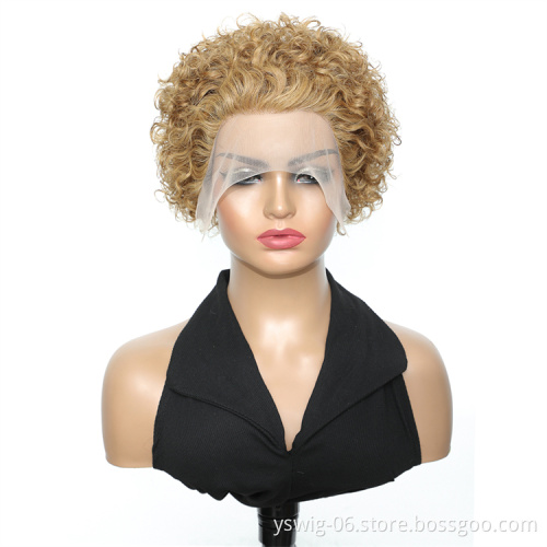 Factory Pixie Cut Wig Human Hair Curly Bob Pixie Cut Lace Wig Bleached Knots Lace Frontal Pixie Curls Short Wigs For Black Women